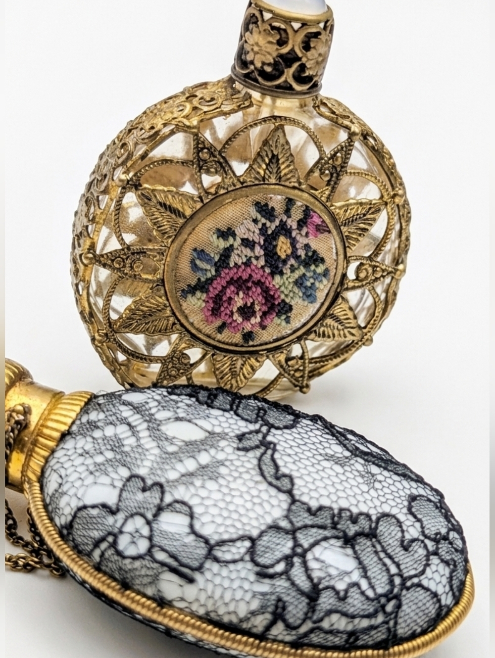 Vintage Filigree Petit Point & Lace Porcelain Perfume Bottle Set | Victorian Sty